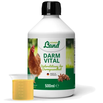 Eine Flasche des flüssigen Nahrungsergänzungsmittels "DARM VITAL" für Hühner, beschriftet auf Deutsch, zur Förderung der Darmgesundheit, mit einem Messbecher daneben.