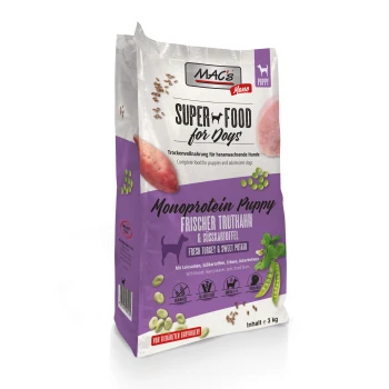 Hundefutterbeutel, beschriftet mit "MAC's Super Food for Dogs," mit "Monoprotein Puppy" mit frischem Truthahn und Süßkartoffel, 3 kg.