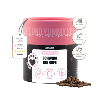 Hundetraining-Snack "Schwing die Hufe" in einem pinken Pfotenabdruckbehälter, gekennzeichnet mit hohem Fleischanteil und getreidefrei, von Experten hergestellt.