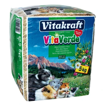 5 kg Vitakraft Vita Verde Heu-Paket für Kleintiere, mit Bildern eines Kaninchens und eines Meerschweinchens vor einer Bergkulisse.