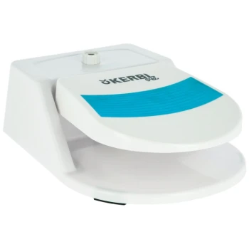 Weißer Haustierpflege-Tisch mit einer blauen rutschfesten Oberfläche, mit dem Markennamen "KERBL", der prominent auf der Oberseite angezeigt wird.