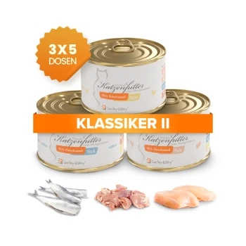 Drei Lucky-Kitty Katzenfutterdosen mit orangem Abzeichen '3X5 DOSEN' und Banner 'KLASSIKER II'; Fisch, Huhn, Pute.