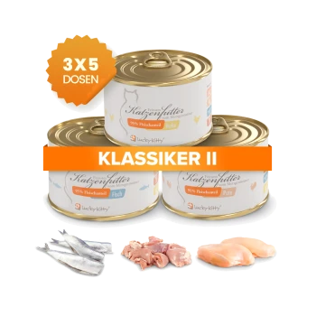Drei Lucky-Kitty Katzenfutterdosen mit orangem Abzeichen '3X5 DOSEN' und Banner 'KLASSIKER II'; Fisch, Huhn, Pute.