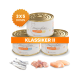 Drei Lucky-Kitty Katzenfutterdosen mit orangem Abzeichen '3X5 DOSEN' und Banner 'KLASSIKER II'; Fisch, Huhn, Pute.