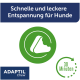 Produktetikett: Überschrift „Schnelle und leckere Entspannung für Hunde“, grünes Kausnack-Symbol, „ADAPTIL Chew“ und „30 Minuten“.