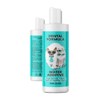 250ml bottle of Dental Formula water additive for cats & dogs, turquoise label with sunglasses dog and cat, reads "Water Additive" and "Fresh Breath"