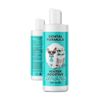 250ml bottle of Dental Formula water additive for cats & dogs, turquoise label with sunglasses dog and cat, reads "Water Additive" and "Fresh Breath"