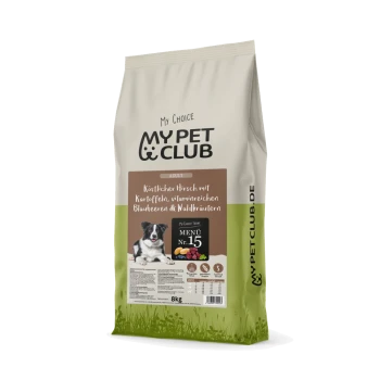 Hundefutterbeutel, beschriftet mit "My Pet Club" mit einem Hundebild, das "Köstlicher Hirsch mit Kartoffeln" und "Menü Nr. 15" angibt.
