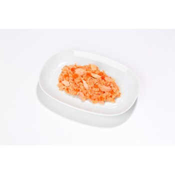 Nourriture humide pour animaux au saumon émiettée sur une assiette ovale blanche sur fond blanc.