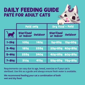 Daily Feeding Guide – Paté for adult cats: chart showing "Paté only" and "Dry food + Paté" portions by weight (1–2kg to 7–8kg).