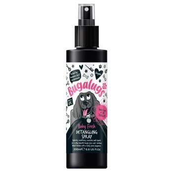 Schwarze Sprühflasche Bugalugs Baby Fresh Entwirrungsspray für Hunde, 200ml, mit Cartoon-Hund und Text „Kümmert sich um meine Verfilzungen.“