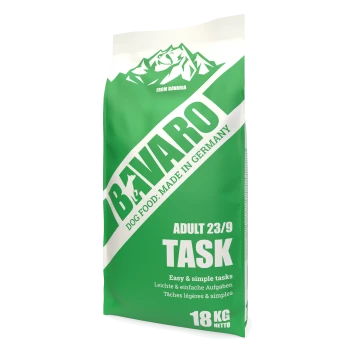 Grüner BAVARO-Hundefutterbeutel mit der Aufschrift TASK Adult 23/9, 'Dog Food: Made in Germany', 18 KG NETTO, mit Berglogo