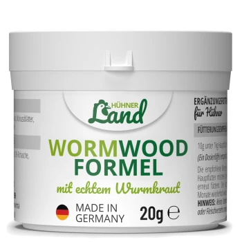 Behälter mit "Wermut-Formel" für Hühner, 20g, beschriftet mit "Hühner Land," mit deutschem Text, der angibt, dass es sich um ein in Deutschland hergestelltes Ergänzungsmittel handelt.