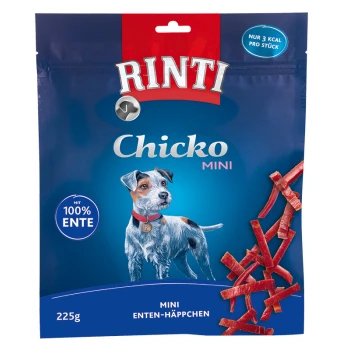 Emballage de friandises pour chiens Rinti Chicko Mini avec une illustration de petit chien, '100 % Ente', 'Nur 3 Kcal pro Stück', et des morceaux de friandise rouges.