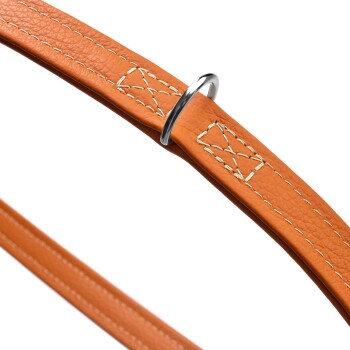 Nahaufnahme einer stilvollen orangefarbenen Lederleine für Hunde mit weißer Naht und einem silbernen Metallring zur Befestigung.