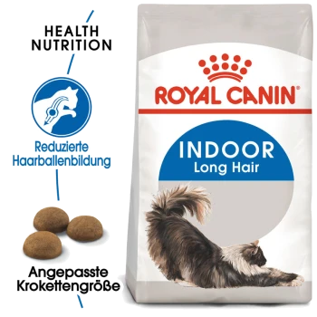 Royal Canin Indoor Langhaarkatzenfutterbeutel mit einer Illustration einer sich dehnenden Langhaarkatze und Informationen zur Gesundheit und zur Reduzierung von Haarballen.