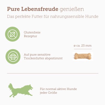 Deutsches Tierfutteretikett: "Pure Lebensfreude genießen", "Glutenfreie Rezeptur" und Bild einer Kroketten mit der Beschriftung "ø ca. 25 mm".