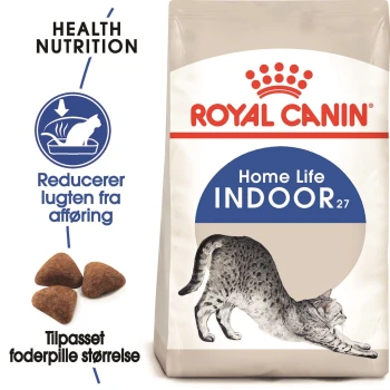 Royal Canin Home Life Indoor Katzenfutterbeutel mit einer Illustration einer sich dehnenden Katze, die gesundheitliche Vorteile und reduzierte Abfallgerüche betont.