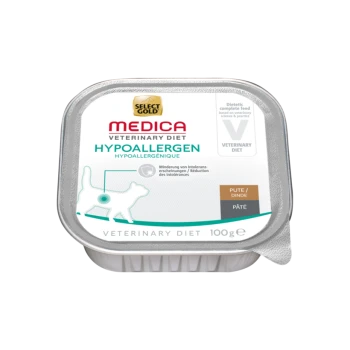 Nourriture pour chats hypoallergénique dans un plateau de 100 g, étiqueté "SELECT GOLD MEDICA VETERINARY DIET," avec une silhouette de chat et des affirmations nutritionnelles.