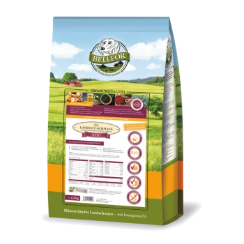 Eine Tüte BELLFOR "LANDGUT-SCHMAUS MINI" Hundefutter mit ländlichem Hintergrund und Nährwertangaben auf der Rückseite.