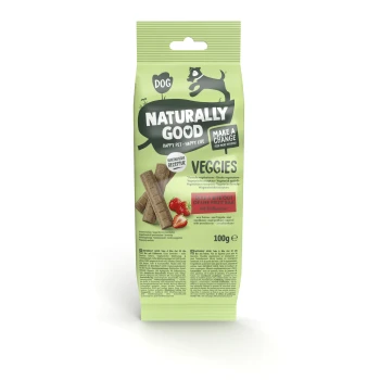 Dog treat package labeled "NATURALLY GOOD" featuring "VEGGIES" with images of fruit bars and strawberries, 100g size.