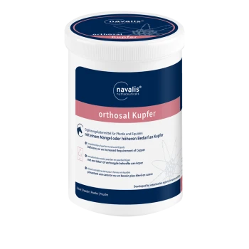 Behälter von 'orthosal Kupfer' von navalis nutraceuticals, ein Kupferpräparat für Pferde und Equiden, mit Anwendungshinweisen auf Deutsch.