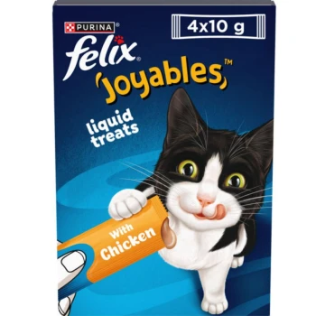 Packaging for Purina Felix 'Joyables' liquid treats featuring a playful black and white cat licking its lips, with text stating "With Chicken."