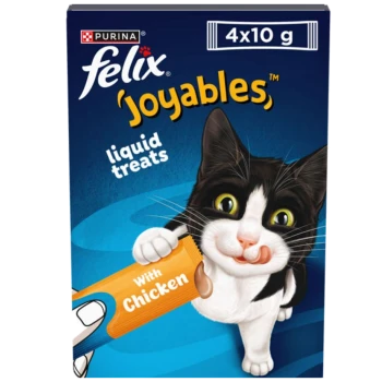 Packaging for Purina Felix 'Joyables' liquid treats featuring a playful black and white cat licking its lips, with text stating "With Chicken."