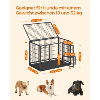 Hundebox geeignet für Hunde mit einem Gewicht von 18-32 kg, mit in cm beschrifteten Abmessungen; zeigt drei Hunde darunter: einen Französischen Bulldogge, einen Corgi und einen Dackel.