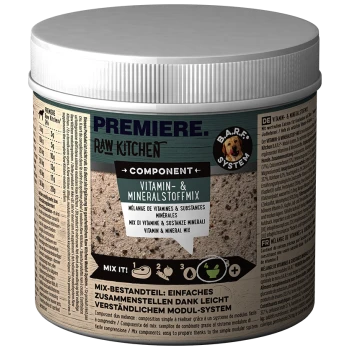 Behälter mit Premiere Raw Kitchen Vitamin- und Mineralmix, mit mehrsprachigem Text und Anweisungen zum Mischen.