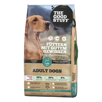 Tüte 'THE GOOD STUFF' Adult-Hundefutter, Lamm (LAMM); Text 'FÜTTERN MIT GUTEM GEWISSEN' und 'ADULT DOGS'.