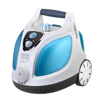 Dampfreiniger mit einem blauen und weißen Design, ausgestattet mit einem Bedienfeld und Rädern für Mobilität.