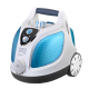 Dampfreiniger mit einem blauen und weißen Design, ausgestattet mit einem Bedienfeld und Rädern für Mobilität.