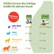 Whimzees Infografik auf Deutsch: 'Wähle immer die richtige Größe für deinen Hund', 'Empfohlen: 1 Snack/Tag'; Größentabelle (Sehr klein/Klein/Mittelgroß/Groß) mit kg-Bereichen und Tagen