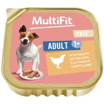 MultiFit Paté Hundenahrungsschale, goldener Deckel mit fröhlichem Hund, Teller mit Paté und Aufschrift 'ADULT 1+ - mit Geflügel'.