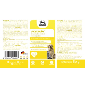 Fortan® Hämoglobinpulver für Hunde und Katzen, 80g-Packung. Enthält 92 % Rohprotein und 0,28 % Eisen. Von Tierärzten empfohlen.