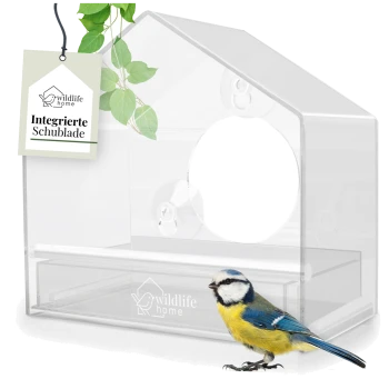 Klarer Vogelhäuschen mit integrierter Schublade, mit einem Blaumeisen-Vogel vorne und einem Etikett mit der Aufschrift 'Integrierte Schublade' von Wildlife Home.