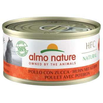Dosenkatzenfutter von Almo Nature, beschriftet mit "Pollo con Zucca", mit einer Katzensilhouette und dem Text "100% Profits to Nature."