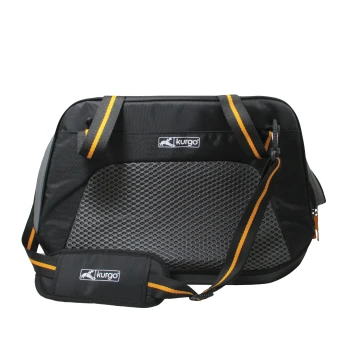 Transporttasche für Hunde Explorer Schwarze Tragetasche für Haustiere mit Netzpaneel, mit gelben und schwarzen Riemen und einem Kurgo-Logo auf der Vorderseite.