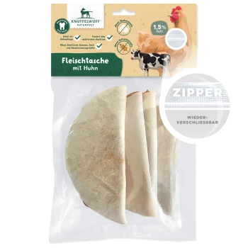 Packung mit Knuffelwuff natürlichen Haustierleckereien, mit Hühnergeschmack, 1,5 % Fett, mit einem wiederverschließbaren Reißverschluss.