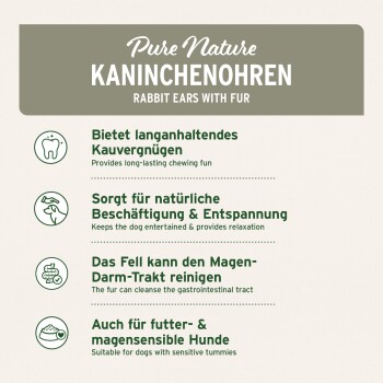 Produktetikett: „Pure Nature KANINCHENOHREN - Rabbit ears with fur“ mit Auflistung der Vorteile auf Deutsch und Englisch