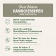 Produktetikett: „Pure Nature KANINCHENOHREN - Rabbit ears with fur“ mit Auflistung der Vorteile auf Deutsch und Englisch