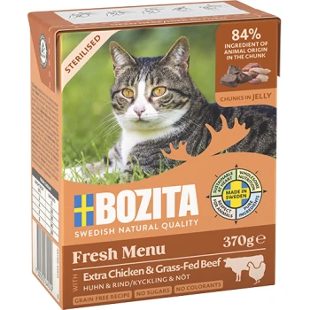 Die Verpackung von Bozita Fresh Menu Katzenfutter, 370g, zeigt eine grau-weiße Katze, beschriftet mit "Sterilisiert" und "mit Arktischem Saibling," getreidefrei, 84% tierischen Ursprungs.