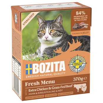 Die Verpackung von Bozita Fresh Menu Katzenfutter, 370g, zeigt eine grau-weiße Katze, beschriftet mit "Sterilisiert" und "mit Arktischem Saibling," getreidefrei, 84% tierischen Ursprungs.