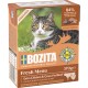 Die Verpackung von Bozita Fresh Menu Katzenfutter, 370g, zeigt eine grau-weiße Katze, beschriftet mit "Sterilisiert" und "mit Arktischem Saibling," getreidefrei, 84% tierischen Ursprungs.