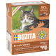 Die Verpackung von Bozita Fresh Menu Katzenfutter, 370g, zeigt eine grau-weiße Katze, beschriftet mit "Sterilisiert" und "mit Arktischem Saibling," getreidefrei, 84% tierischen Ursprungs.
