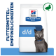 Hill's Prescription Diet d/d Katzenfutterbeutel mit einer grauen Katze mit einem blauen Halsband, neben dem Text "FUTTERMITTEL-EMPFINDLICHKEITEN."