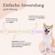 Anzeige für probiotisches Haustierergänzungsmittel mit einem Hund, das einfache Dosierung, Vorteile für die Darmgesundheit und Keimeliminierung zeigt.