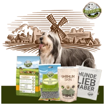 Ein Bearded Collie steht neben Bellfor-Hundefutterprodukten mit einer Windmühle und ländlicher Kulisse im Hintergrund.