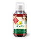 Flasche mit Hanföl für Hunde, beschriftet mit "Chrono Balance," das Omega-3- und 6-Fettsäuren hervorhebt und Vorteile für Haut und Fell bietet.